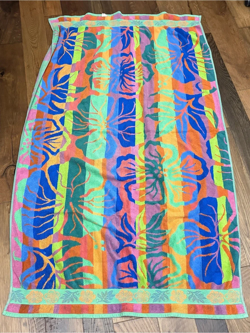 Santens Vintage Beach Towel Cotton Tropical Flower Hibiscus Striped Hawaiian